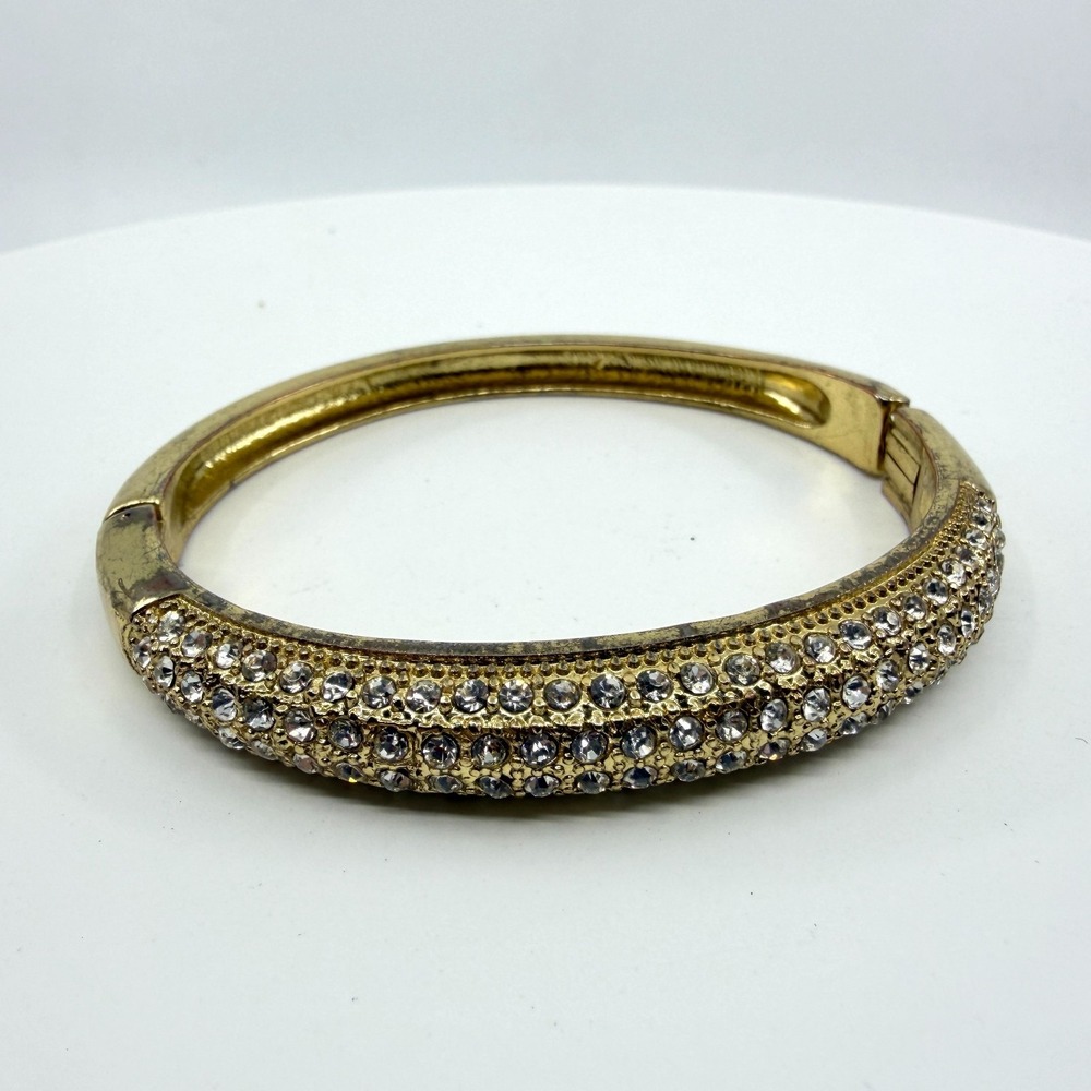 Chunky Gold Tone Rhinestone Pave Hinged Bangle Bracelet - Statement Gift